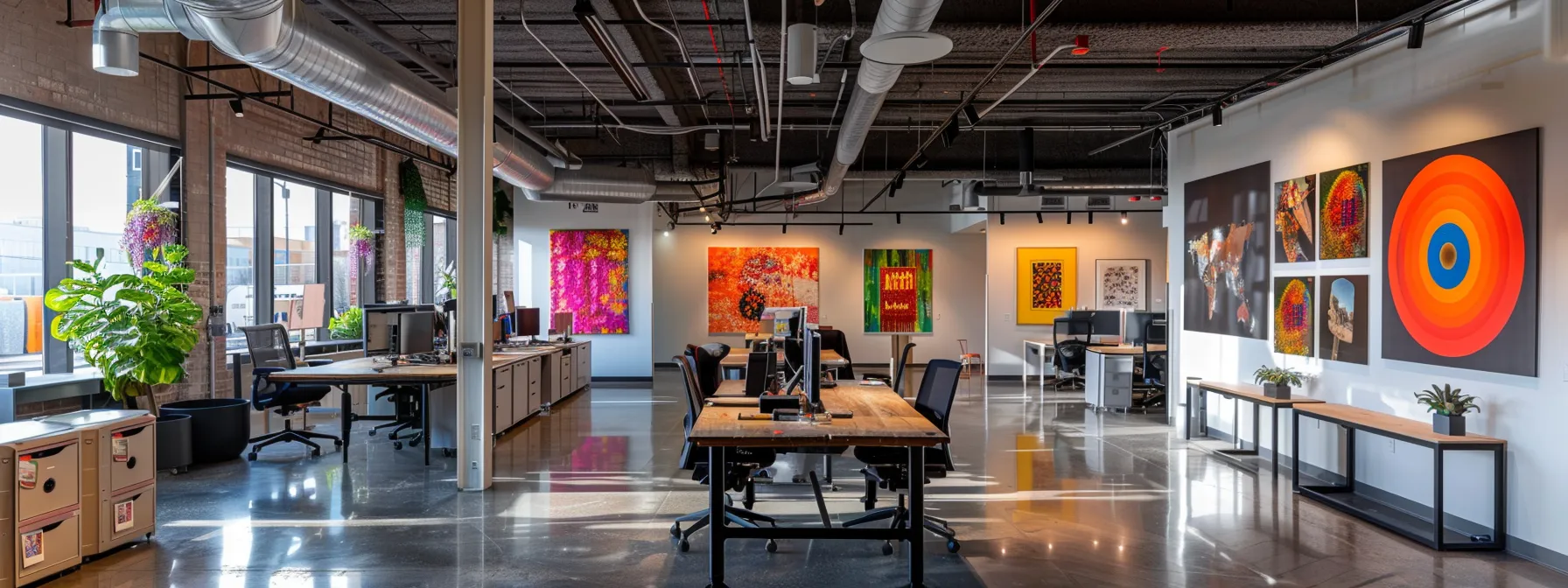 a dynamic urban office space showcases a sleek print studio, where eye-catching retail signs in vivid colors and innovative designs prominently feature on walls and workstations, emphasizing the creativity and professionalism of sign-making services tailored for businesses.