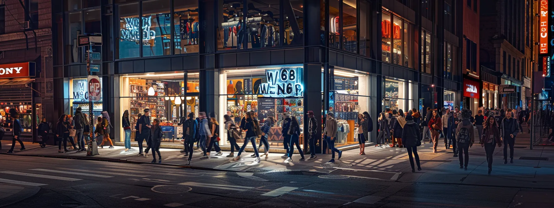 a dynamic urban storefront features strategically placed, brightly lit signs at varying heights, drawing attention from a diverse crowd of pedestrians in a bustling city environment, highlighting the effectiveness of optimal sign placement for retail visibility. a dynamic urban storefront features strategically placed, brightly lit signs at varying heights, drawing attention from a diverse crowd of pedestrians in a bustling city environment, highlighting the effectiveness of optimal sign placement for retail visibility.