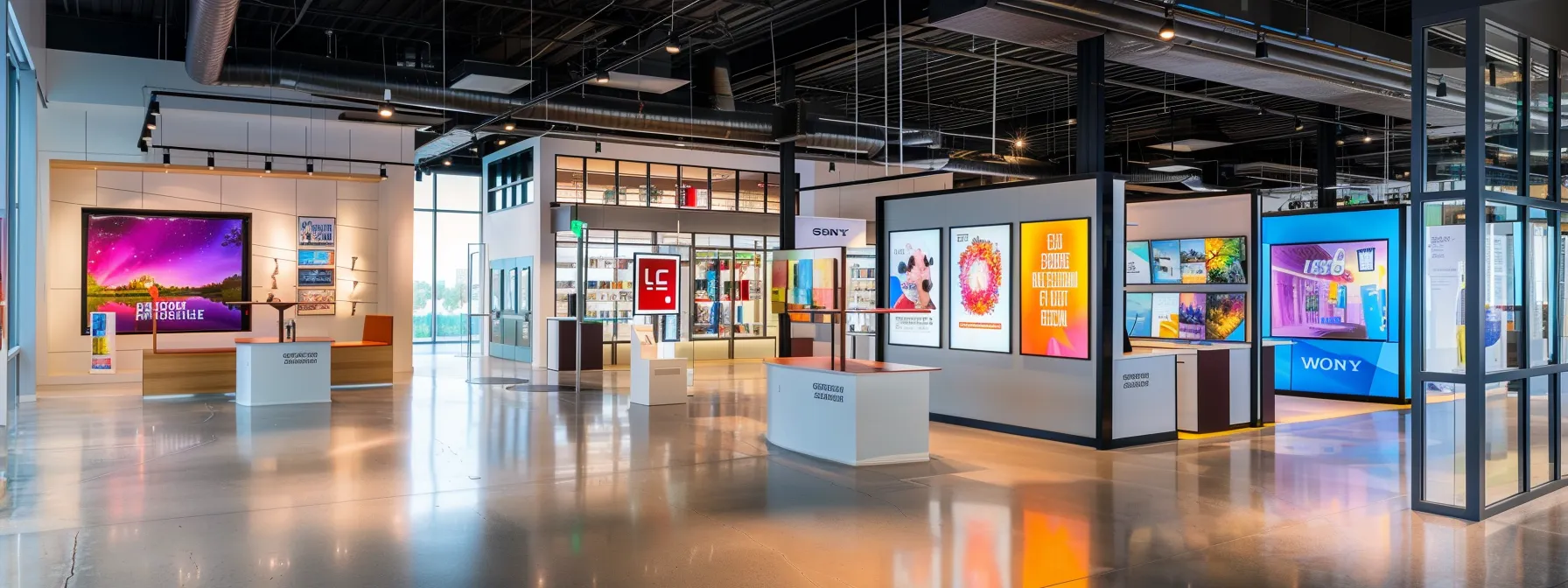 a modern office space showcases a vibrant display of various retail signs and graphics on sleek surfaces, emphasizing the creativity and craftsmanship of a professional sign printing partnership. a modern office space showcases a vibrant display of various retail signs and graphics on sleek surfaces, emphasizing the creativity and craftsmanship of a professional sign printing partnership.