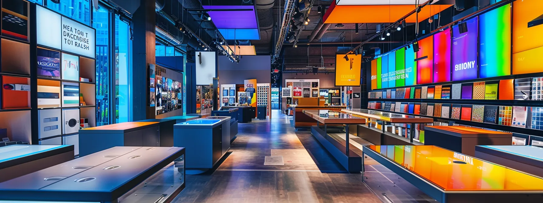 a sleek, modern print studio showcases a vibrant display of various retail sign materials, including glossy vinyl, polished acrylic, and sturdy metal samples, under bright, focused lighting to emphasize their textures and colors. a sleek, modern print studio showcases a vibrant display of various retail sign materials, including glossy vinyl, polished acrylic, and sturdy metal samples, under bright, focused lighting to emphasize their textures and colors.