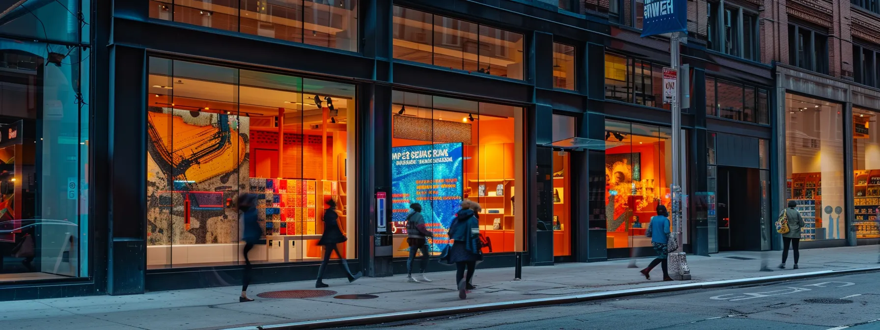 a vibrant urban storefront showcases a striking retail sign, expertly designed with bold colors and elegant typography, drawing the eye of passersby while reflecting the innovative branding services of a professional print company. a vibrant urban storefront showcases a striking retail sign, expertly designed with bold colors and elegant typography, drawing the eye of passersby while reflecting the innovative branding services of a professional print company.